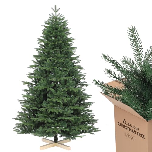 SALCAR Weihnachtsbaum künstlich 210 cm mit Holzständer, PE naturgetreue Spritzguss Elemente & PVC Nordmanntanne, 2,1 m Tannenbaum künstlich (Ø 135 cm)