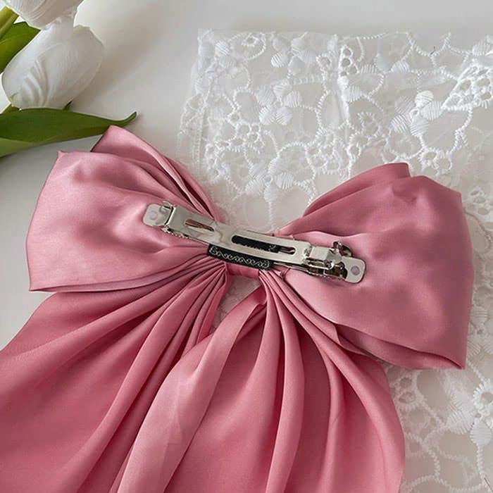 Image of FilterFashion Big Satin Layered Hair Bows for Women Girls 11.5 Inch Barrette Hair Clip Long Back Ribbon Bows French Style Hair Accessories (Onion Pink,Light Peach)