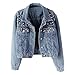 sandbank Women's Vintage Jeans Denim Jacket Pearls Beading Long Sleeve Coat