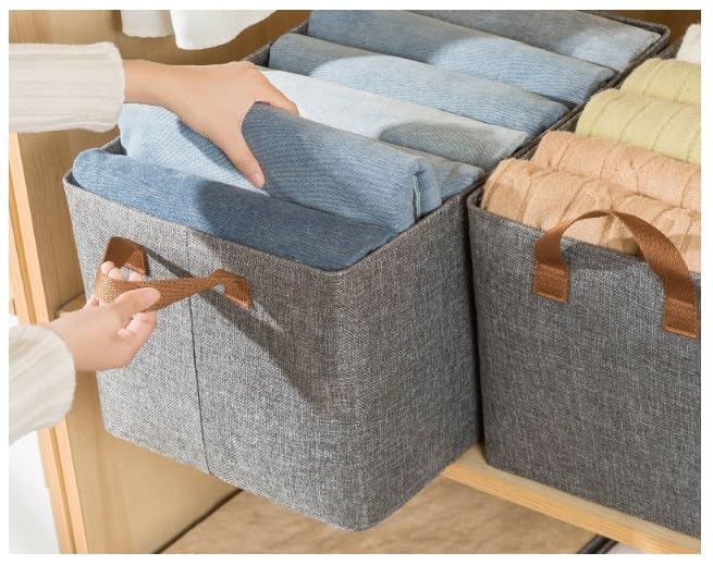 TAPIT Storage Baskets with Metal Frame 23L Linen Organizer Bins Fabric Shelf Baskets Folding Storage Bin Closet Organizers Storage Basket for Organizing Wardrobe Shelves Bedroom (Khaki)
