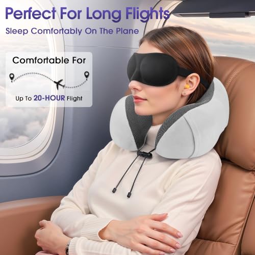 Image of CloudBliss Travel Pillows for Airplane, Memory Foam Neck Pillows for Travel, Compact Neck Pillow for Long Flight, Car & Office, Plane Accessories with Eye Mask, Earplugs, Carry Bag, Black & Light Grey