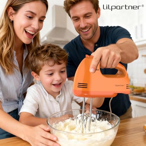 Image of LILPARTNER Hand Mixer Electric, Ultra Power Kitchen Hand Mixer With 7-Speed & 5 Stainless Steel Accessories for Whipping Dough, Cream, Cake, Dishwasher Safe, Light Orange