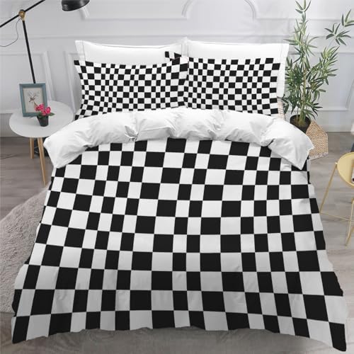 Treillis Noir Et Blanc Set de 3 Pièces Parure de lit 200×200cm Motif À Carreaux Simple Housse de Couette Adulte avec 2 Taies d'oreiller 75x50cm pour Les Enfants Les Adultes