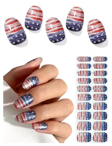 AutyaMee Semi Cured Gel Nail Strips (American Flag-02) 4th of July 20 Pcs Gel Nail Wraps Stickers Salon Quality Sun-Cured or UV-Cured