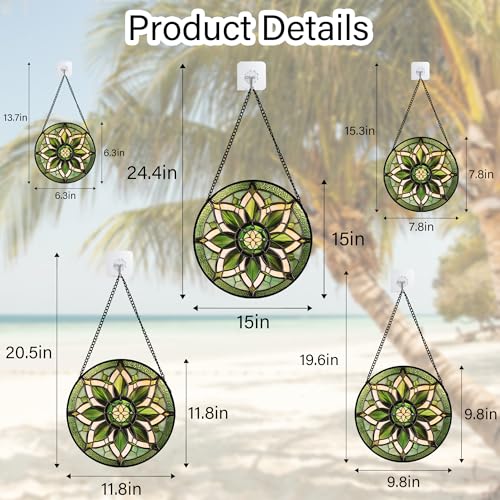 Image of Stained Glass Window Hanging - White Green Boho Flower Suncatcher for Doors Window Home Sun Catchers Decor Christmas Mother's Day Birthday Gifts for Teacher Women Men Mom Nana 6.3 in