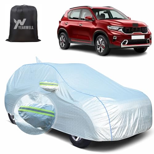 Image of Car Body Cover for Kia Sonet, 100% Waterproof, Heat-Resistant with Mirror & Antenna Pockets, Soft Cotton Lining, Triple Stitched, Piping & Reflector (Reflective Silver)