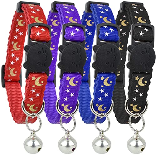 Upgraded Version - Cat Collar Stars and Moon, 4-Pack, Reflective with Bell, Solid & Safe Collars for Cats, Nylon, Kitty Collars, Pet Collar, Breakaway Cat Collar, Free Replacement 