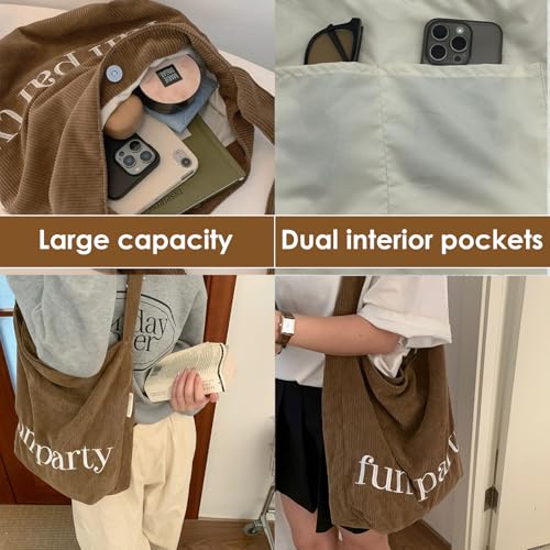Image of Women Corduroy Tote Bag Hobo Casual Tote's Handbag Big Capacity Shoulder Bag with Pockets for Work