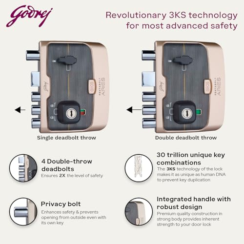 Image of Godrej Rim Lock I Pentabolt Aries 3KS I 5 Bolts I 2C Deadbolt I for Inside Opening Door l Left /Right Handed Doors I 4 Keys I 15-Year Warranty I Manual Locking I Vegas Gold Finish
