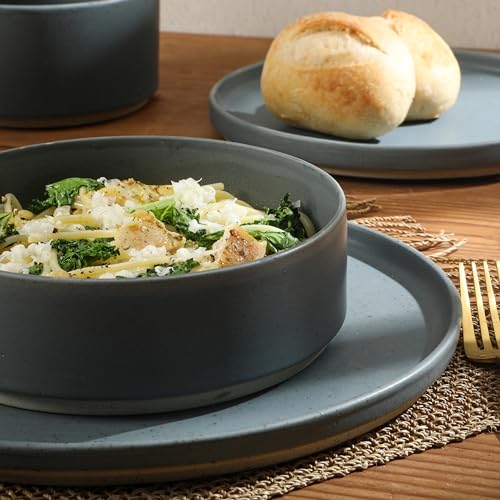Image of Gibson Elite Tatum Premium Porcelain Matte Reactive Glaze 16-Piece (Service for 4) Plates and Bolws Stackable Dishes Ceramic Dinnerware - Blue