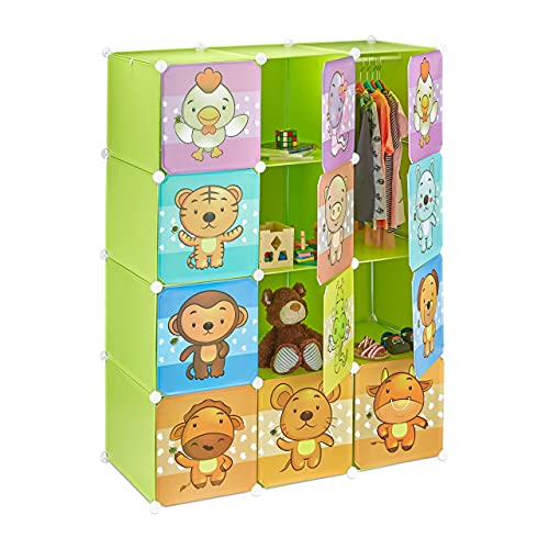 Relaxdays Scaffale Componibile per la Cameretta dei Bambini, Immagini Graziose di Animali, Ante e Bastone Appendiabiti, Verde