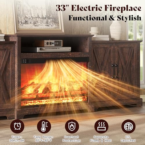 Image of AMERLIFE 97 inch Large Fireplace TV Stand for TVs up to 110 inch, Farmhouse Entertainment Center with 33 inch Electric Fireplace, Media Console with Storage Cabinets & Adjustable Shelf, Rustic Brown