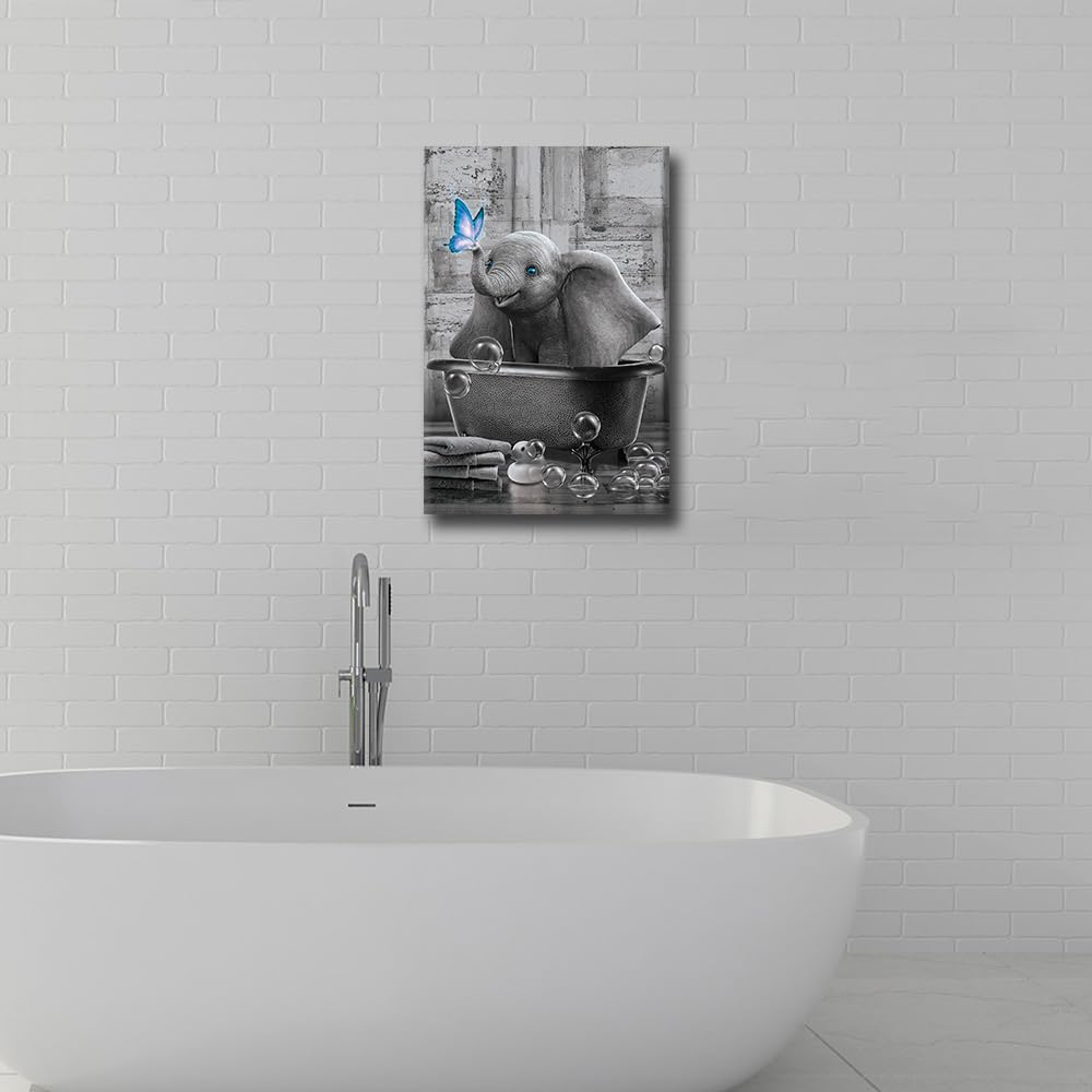 Funny Elephant Canvas Framed Black & White Elephant Poster Wall Art, Blue Butterfly Bathtub Decor, Horse Home Wall Decor - Image 2