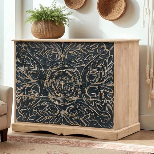 Image of The Attic Jodhpur Drawer Chest, Kitchen and Living Room Storage, Solid Wood, Natural + Black Matte Finish