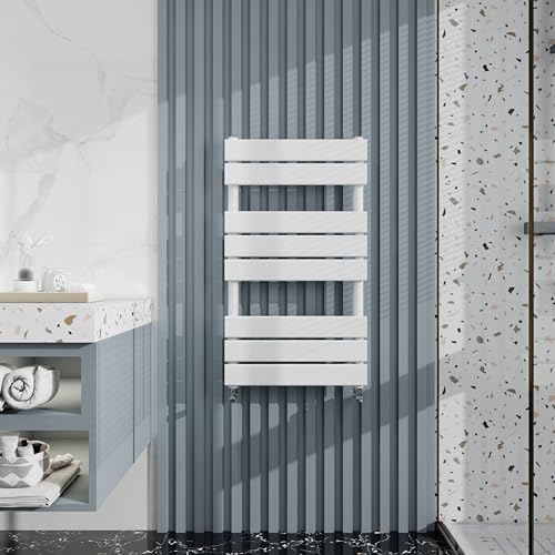 Heated Towel Rail Radiator: Wall Mounted Bathroom Heater with Central Heating, Modern Flat Ladder Panel 800×450mm White