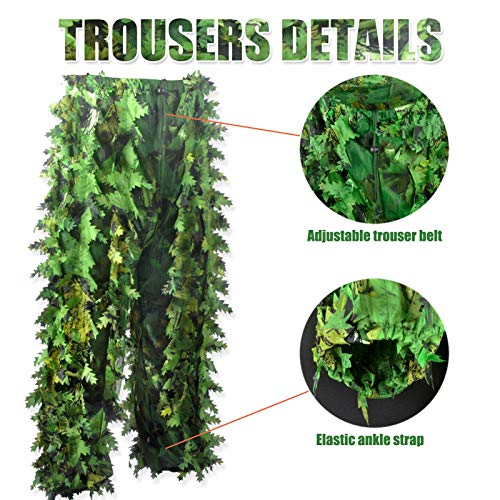 3D Leaf Ghillie Suit Ghillie Jackets and Pants Camouflage Clothing Hooded Hunting Suits for Children Youth Adult Airsoft Paintball Shooting Airsoft Wildlife Photography Halloween (Medium, Green)