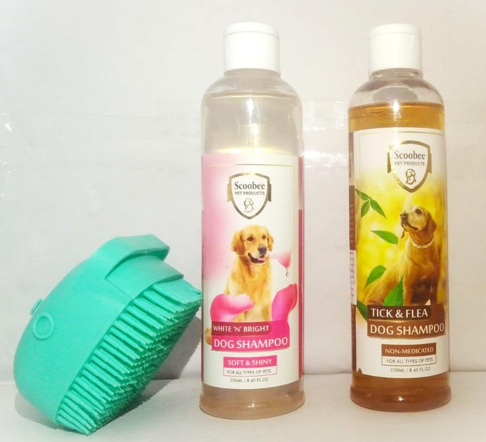 D&C PAWS Scoobee Essential Care Regular Bathing Shampoo for Pet Dogs 250ml x 2 Pcs | White'N' Bright & Tick & Flea Shampoo | 1 Pc Shampoo Dispense | (Pack of 3)