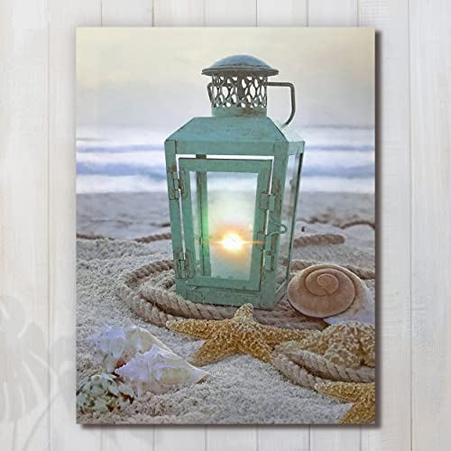 Beach Decoration - LED Canvas Print with a Teal Lantern Sitting on the Beach - Seaside with Ocean Shells and Starfish - Measures 15.75" x 11.75" - Image 7