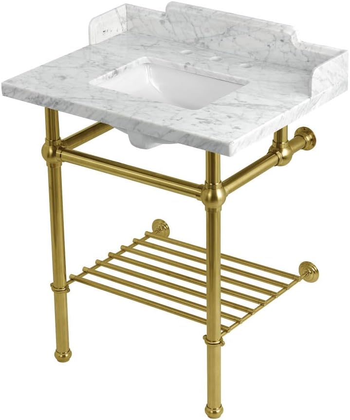 Kingston Brass LMS30MBSQB1 Pemberton 30" Console Sink with Brass Legs (8-Inch, 3 Hole), Marble White/Polished Chrome