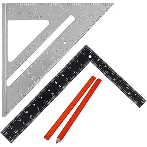 7" Aluminum Alloy Speed Square - Roofing Square | Roofer Angle Measuring Triangle Guide | Speed Square Tool with 12" Black Metal L Shape Square | 2 Carpenter Pencils | Builder and Framing Square Cover
