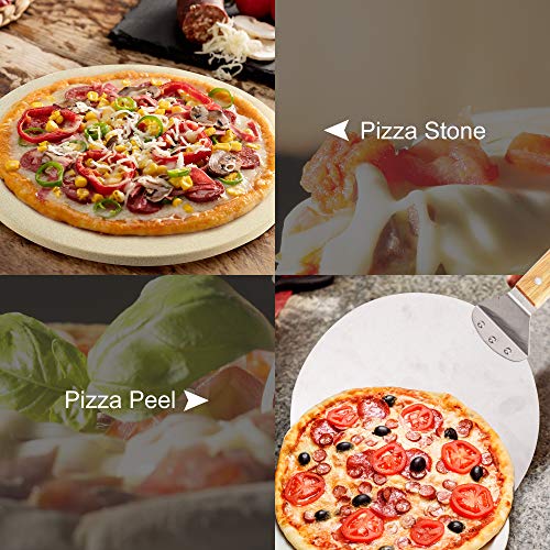 pentaQ 4 Pieces Pizza Stone Set, 15\" Pizza Stone for Grill and Oven with 10 Inch Stainless Steel Pizza Peel, Serving Rack and Pizza Cutter for Free, Cordierite Round Baking Stone - Thumbnail 3