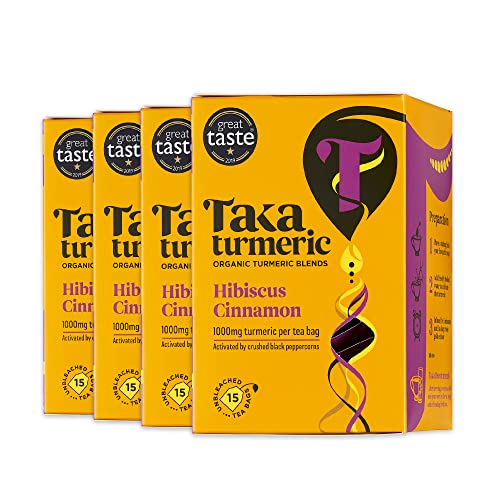 Taka Turmeric, 4 pack (60 Teabags) Organic Hibiscus & Cinnamon Tea Bags with Turmeric & Black Peppercorns, Turmeric Tea, Caffeine Free Detox Tea, No Added Flavourings, Recyclable Packaging
