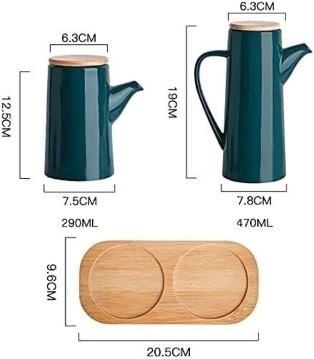 Oil and Vinegar Dispenser Ceramic Oil Vinegar Dispenser Bottles,Handcrafted Condiment Bottle with Leakproof Wood Cover and Tray Cooking