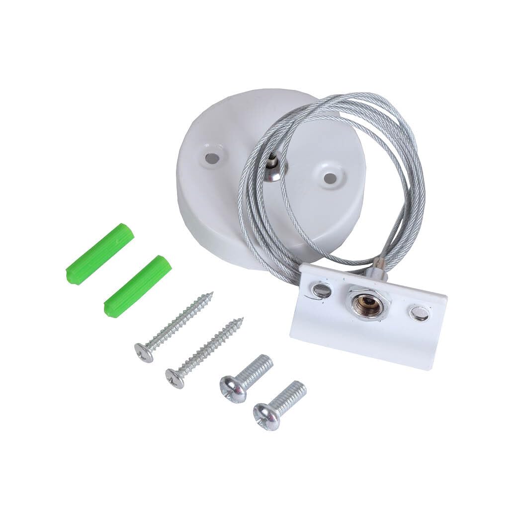 Kit de suspensión para carril monofásico, color blanco, incluye ganchos y accesorios; ideal para instalar iluminación en espacios.