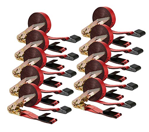 Mytee Products Ratchet Tie-Down Straps with Flat Hooks, 2" x 30' Ratchet Straps Red | 10,000 Lbs Breaking Strength | TieDown Ratchet Straps for Flatbed, Truck, Trailers Pickup - 10 Pack