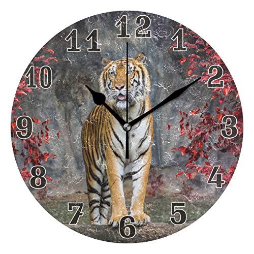 funnyy Horloge Murale Ronde en Acrylique avec Feuilles d'automne et Tigre pour Enfants, Filles, Enfants, Chambre à Coucher, Salon, école, décoration de la Maison
