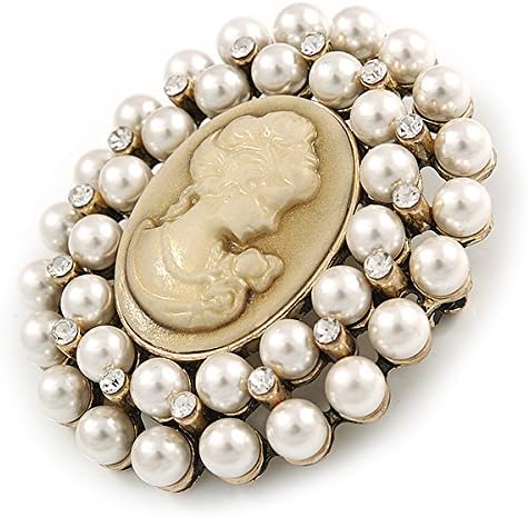 Victorian Inspired Faux Pearl Cameo Brooch In Antique Gold Tone - 55mm, white / ivory, gold, beige - Image 3