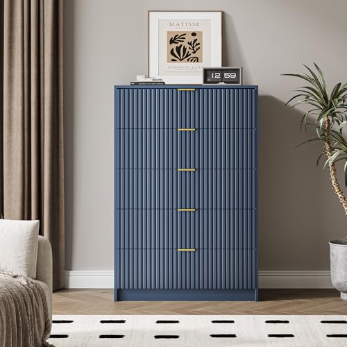 Image of MAISONARIA 5 Drawer Dresser for Bedroom, Tall Dresser Chest of Drawers with Gold Handles, 32 Inch Wide Nightstand with for Bedroom, Living Rooms, Offices, and Entryways, Navy Blue