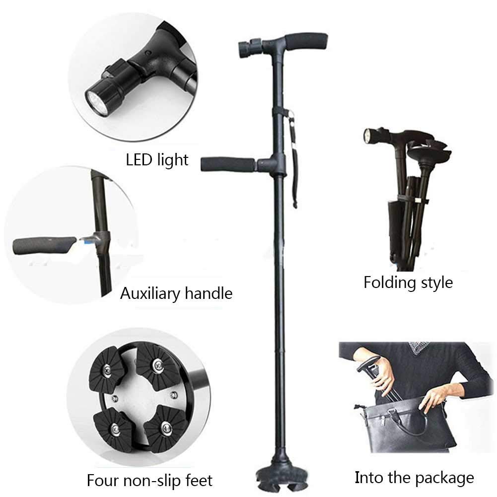 Bastón Plegable con luz LED, Cuatro pies Antideslizantes, Peso Ligero, fácil de almacenar con muletas de Mango ergonómico de Madera Interesting