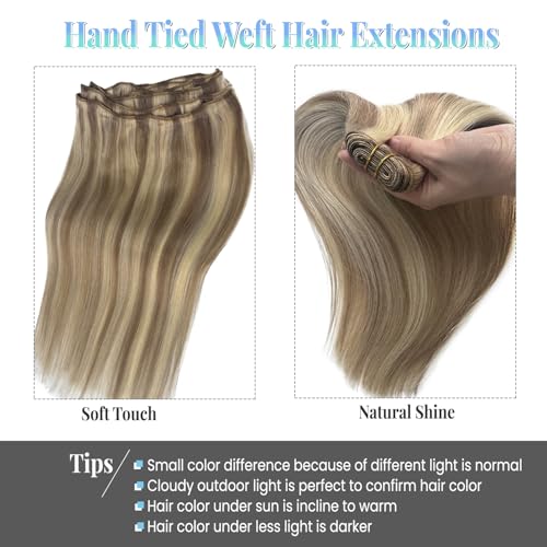 Image of Sew In Hair Extensions Real Human Hair 12 Inch Weft Extensions Real Remy Hair Golden Blonde Balayage Blonde Highlights Double Weft Full Head Straight Hair Weaves 80G Hair Weft Bundles Straight Hair