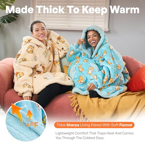 Image of Giggling Getup Wearable Blanket Hoodie for Adults Gifts for Teen Girls Sister Women Sherpa Fleece Printed Hooded Blanket Sweatshirt Warm Cozy with Pocket & Sleeves Blue Corgi