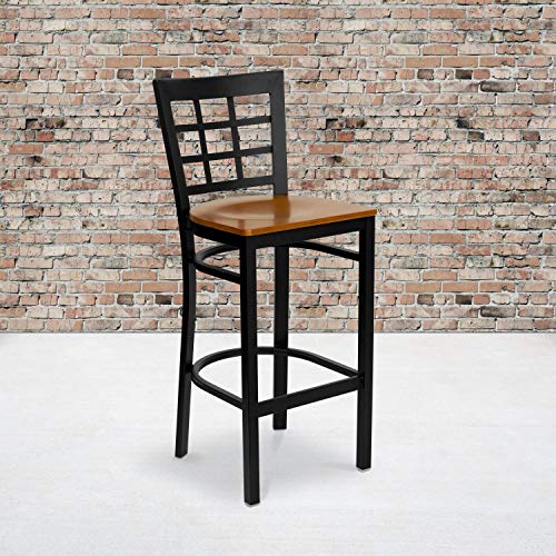 2 unidades de butaco metálico para bar con respaldo tipo ventana y asiento de madera cerezo - Negro