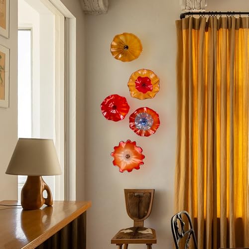 5 Set Glass Wall Plates, Modern Unique Glass Wall Art, 12 Inch Murano Blown Glass Wall Art with Transparent and Easy to Clean for Staircase, Living Room, Kitchen, Hallway (5)