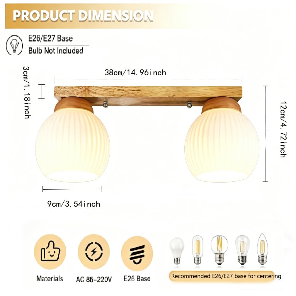 Suspension de style japonais, veinage naturel du bois et blanc crème, luminaire minimaliste, idéale pour la chambre, la salle à manger et le salon (2 ampoules)