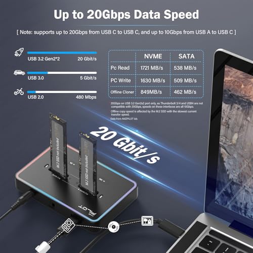 Image of Dual-Bay M.2 SSD Cloner M2 NVME SATA to USB C Dock Adapter 20Gbps | Standalone Offline Duplicator M.2 Reader for M /B+M Key PCIE NGFF SSDs, Size 2230-22110 for PC Gaming Storage Upgrade Backup