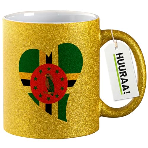 Huuraa Glitzertasse Dominica Flagge Herz 330ml Gold Keramik Kaffeebecher Geschenkidee