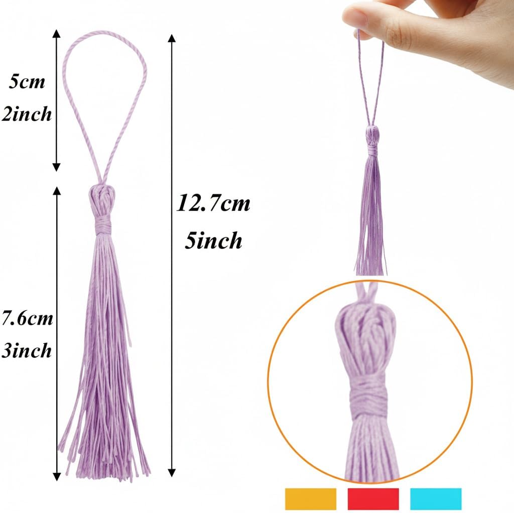 100Pcs Bookmark Tassels, 5 Inch Tassels, Light Purple Tassel, Mini Silky Floss Tassels with Cord Loop for DIY Crafts Keychain Earring Jewelry Making, Graduation image 2