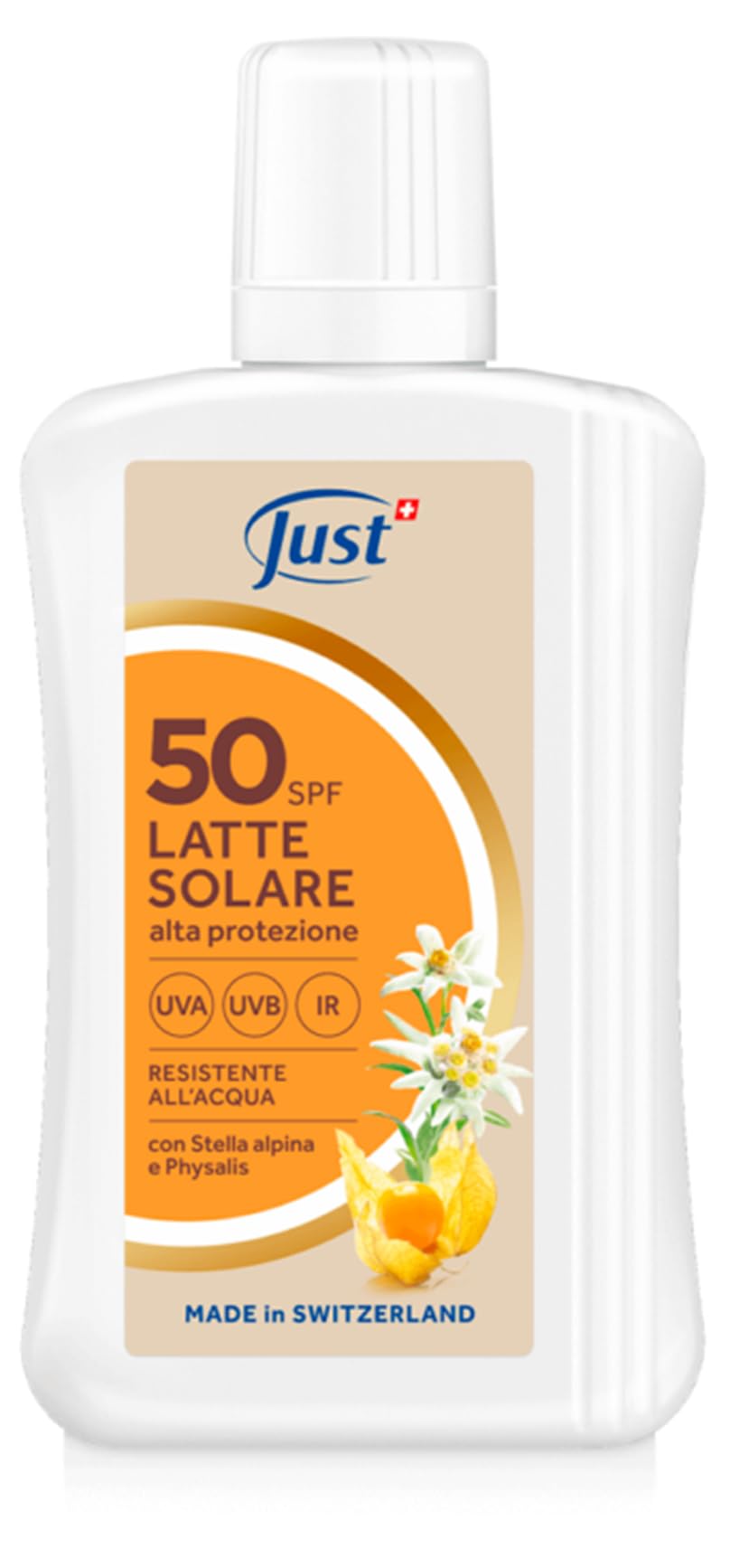 Just Mleko solarne SPF 50, wysoka ochrona UVB/IR, z gwiazdą alpejską i Physalis, wodoodporne, wyprodukowane w Szwajcarii