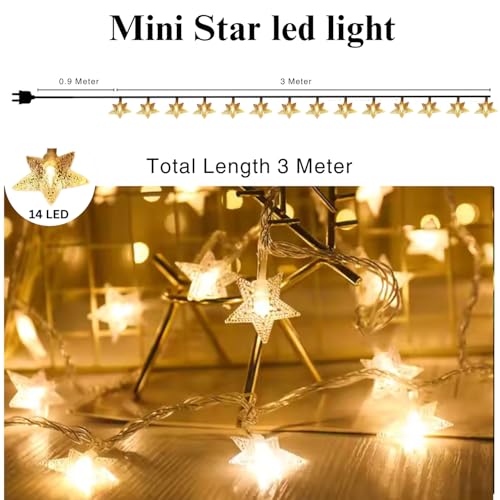 Image of One94Store Mini Star Fairy String Lights - 14 LED, 3 Meter, Warm White Decorative LED Lights for Bedroom, Home, Garden, Diwali, Christmas, Wedding & Party Decoration (Pack of 3)