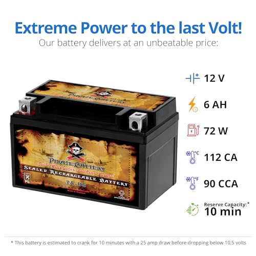 Image of Pirate Battery YTX7A-BS 12V 90 CCA AGM - Maintenance-Free 6 Ah Battery for ATV, Scooter, Dirt Bike, Moped - T3 Nut & Bolt Terminal - Fits GY6 50-125 cc, Honda Recon 250