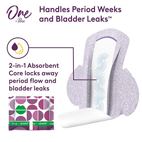 Image of One by Poise Feminine Pads with Wings (2-in-1 Period & Bladder Leakage Pad for Women), Regular, Heavy Absorbency for Period Flow, Light Absorbency for Bladder Leaks, 18 Count