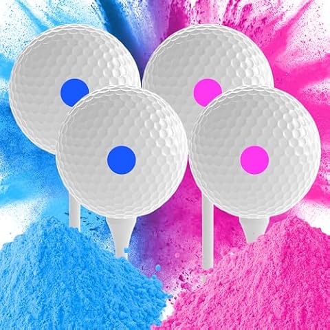 ARELUX Gender Reveal Golf Ball 4 Pack (2 Pink 2 Blue & 4 Wooden Tees) Color Powder Exploding Ball Kit 4 Golfs Full Powder Great Smoke for Baby Boys Girls Gender Reveal Party for Golf Theme Cover