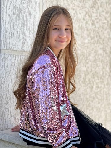 Image of LOLANTA Girls Sequin Jacket, Long Sleeve Kids Bomber Coats with Pockets, Spring Fall Outfits for 4-15 Years
