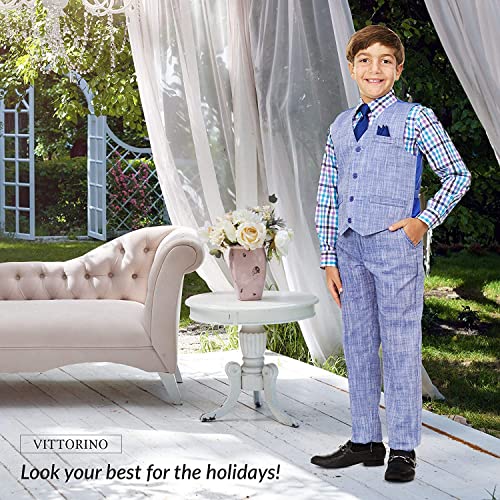 Vittorino Boy's Linen Look 4 Piece Suit Set With Vest Pants Shirt And Tie, Size 8, Light Blue/Plaid Tie #TOP2
