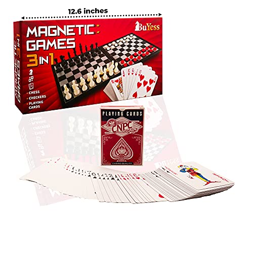 Magnetic Chess and Checkers Set with Non-Magnetic Playing Cards, Travel Multi Board Games for Adults - Thumbnail 4