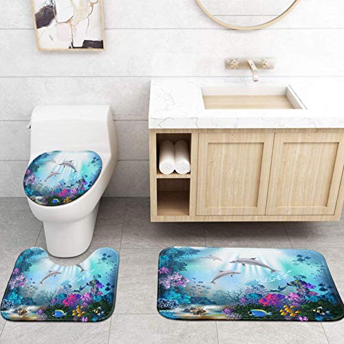 Britimes 4 Piece Shower Curtain Sets, Underwater World Dolphins Plants With Non-Slip Rugs, Toilet Lid Cover And Bath Mat, Durable And Waterproof, For Bathroom Decor Set, 72" X 72" #TOP6